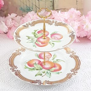 Saji Fine China Apple Pattern 2 Tier Porcelain Cake Stand Vintage Dessert Tray