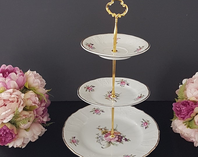 3 Tier Cake Stand, Bernadotte Porcelain, Floral SONATA Pattern, Afternoon Tea Party, Dessert Cupcake Stand