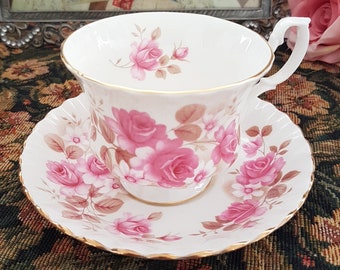 Royal Albert Pink Roses Tea Cup and Saucer, Bone China, Made in England