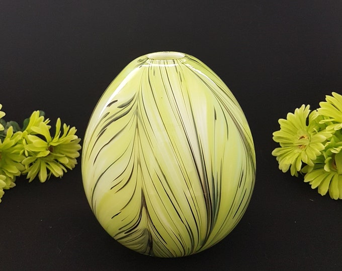 German Blown Glass Vase, Art Glass with Green and Black Swirl, FREE Shipping