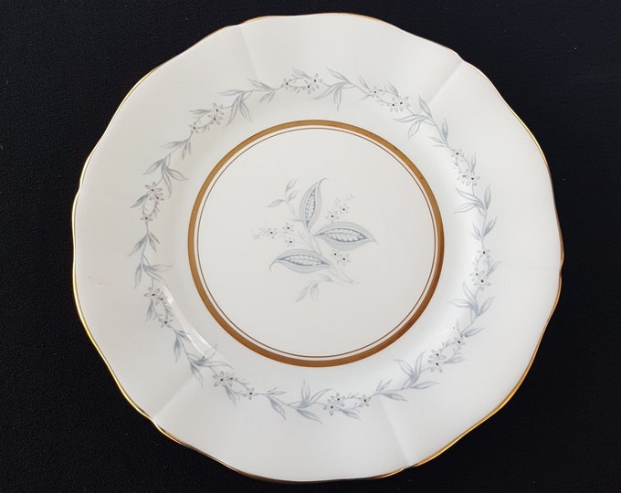 Set of 4 Northumbria Bone China MORNING MIST Salad Plates, 7.75 Inch, Hand Painted, Gray Leaves Flowers, Scalloped, Made in England