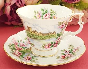 Royal Albert Ancestral Series ENGLANDS GLORY Tea Cup and Saucer, Brown Castle Near River, Made in England, 1970s