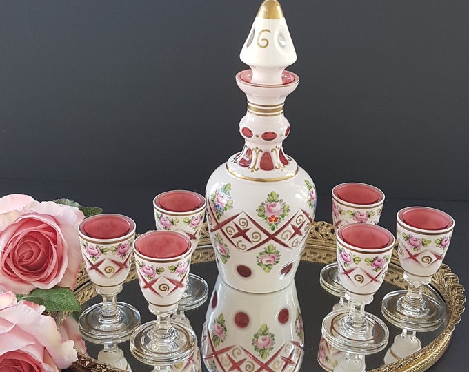 Decanter Set, Czech Bohemian Glass Decanter with 6 Matching Shot Glasses, Hand Painted White Cased Overlay Cut to Pink Cranberry Glass