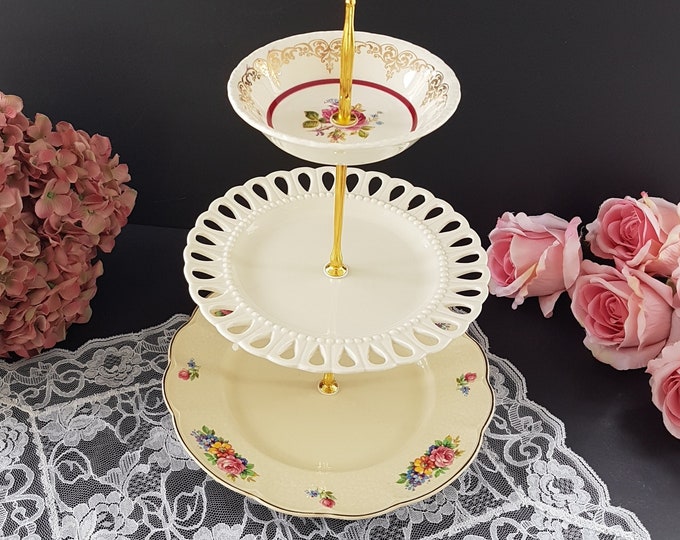 3 Tier Cake Stand, Mismatched Floral Plates, Afternoon Tea Party, Dessert Stand