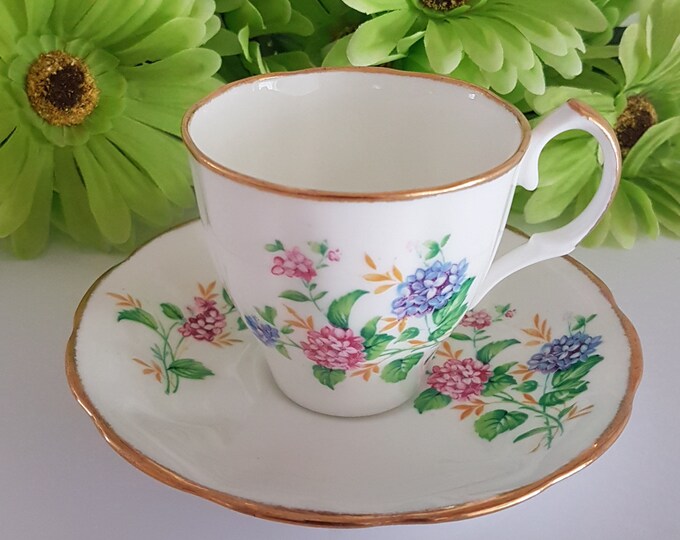 Jason China Co. Tea Cup and Saucer, Vintage English Bone China, Spring Flowers, Pink Purple Lilac Hydrangea, Pattern J602, 1940s