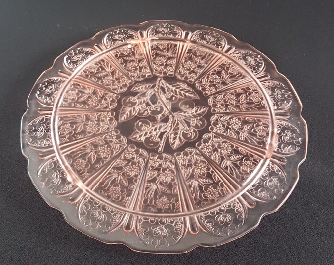 Pink Depression Glass Footed Cake Plate, Jeannette Glass CHERRY BLOSSOM, Flawed, 1930s