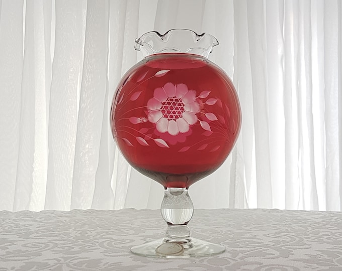 Cranberry Cut Glass Pedestal Rose Bowl Vase with Etched Cornflower