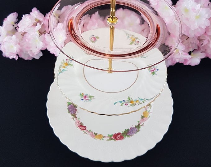 3 Tier Cake Stand, Pink Depression Glass, Minton and Spode Floral Bone China Plates, Tea Party, Serving Tray