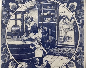 Vintage Delft Blue Tile: Dutch Laundry Scene, Hand Decorated Ceramic Wall Art