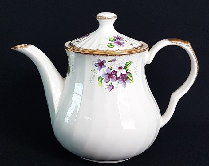 Vintage Aynsley Tea Pot with Purple Violet Flowers, 6 Cup, Made in England