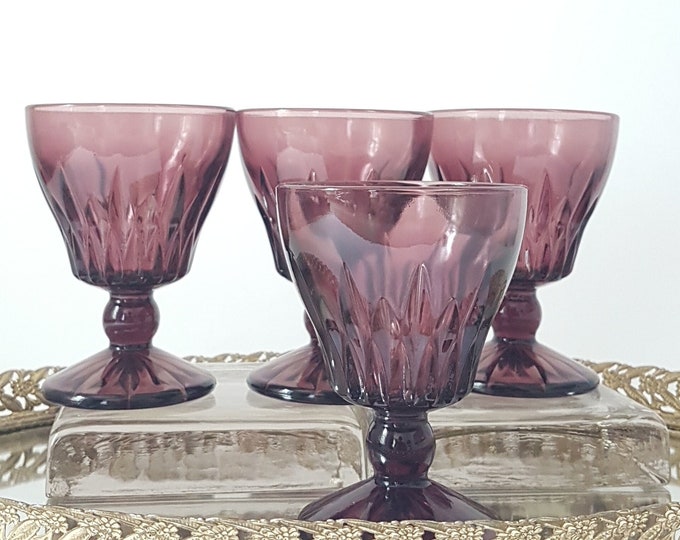 Hazel Atlas Moroccan Amethyst Wine Glasses, Set of 4 Mid Century Purple Stemware, Vintage Barware, Champagne, Tall Sherbet Glass, 1960s