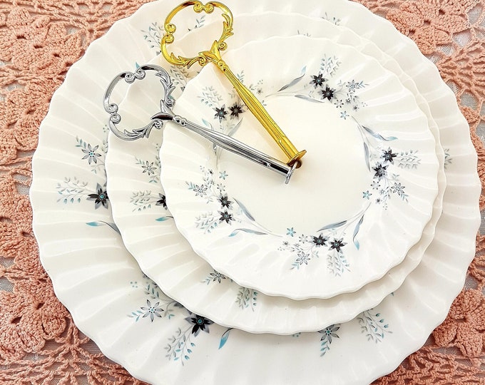 3 Tier Cake Stand, Royal Doulton MILLEFLEUR, Gray Blue Flowers Leaves, Choice Silver or Gold, Tea Party, Serving Tray