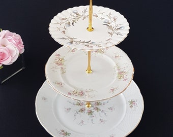 3 Tier Cake Stand, Mismatched Floral Plates, Bridal shower, Wedding Decor, Sandwich Serving Tray