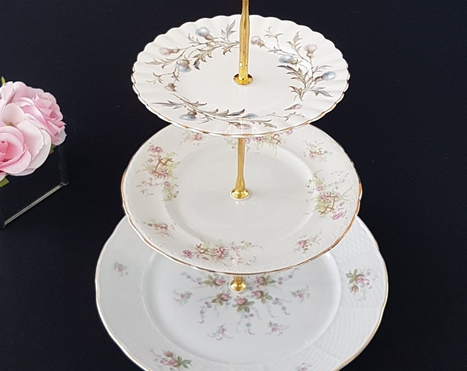 3 Tier Cake Stand, Mismatched Floral Plates, Bridal shower, Wedding Decor, Sandwich Serving Tray