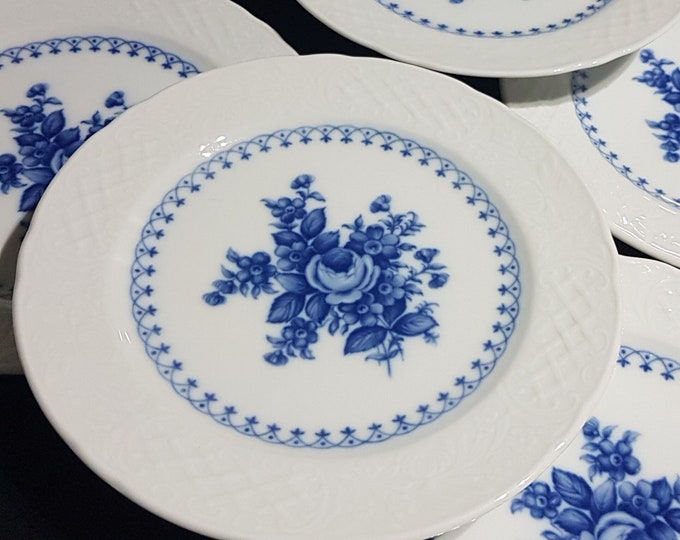 Dessert Plates, Schumann Arzberg, Pattern SCH440, Cobalt Blue Floral Center, Embossed Lattice Basketweave Rim, Bavaria