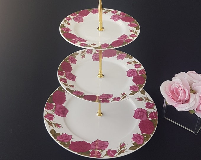3 Tier Cake Stand, Pink MORNING ROSE, Royal Porcelain Fine Bone China, Afternoon Tea Party, Serving Tray