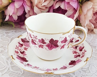 Vintage Royal Crown Derby Tea Cup & Saucer: Maple Leaf Maroon, Gold Scrolls