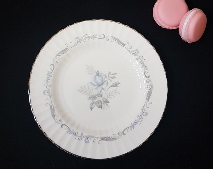 Paragon MORNING ROSE Bread Plates, Set of 4 Vintage 6 Inch Side Plates, Blue Rose, Gray Leaves, Made in England