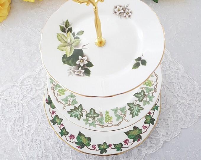 3 Tier Cake Stand, Mismatched Plates of Green Ivy Grape Leaves, Wedgwood Adderley Grosvenor, English Bone China, Tea Party, Serving Tray