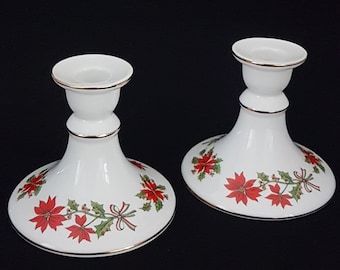 Vintage Christmas Candle Sticks, Set of 2 Porcelain Candleholders, Red Poinsettia Flowers, Green Holly, Made in Japan