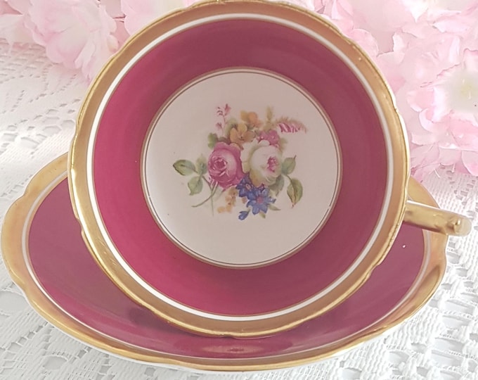 Bone China English Tea Cup and Saucer, Floral Center Wide Mouth Tea Cup