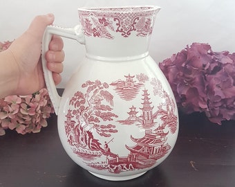 Red Toile Wash Basin Transferware Pitcher