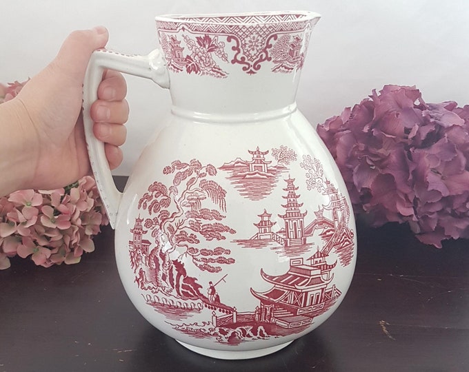 Red Toile Wash Basin Transferware Pitcher