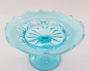 Fenton TOKYO Blue Opal Glass Candy Dish, Blue Opalescent Pedestal Pillar Candle Holder 1950s