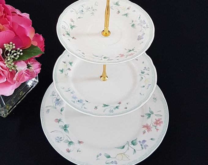 3 Tier Cake Stand, Vintage Porcelain Plates, Spring Flowers, CHOICE Gold or Silver