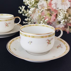 Theodore Haviland Limgoes Tea Cup and Saucer, Pink Purple Flowers, Yellow Green Geometric Band, Made in France, 1900s