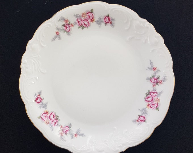 Vintage Dessert Plates, ROSE SPRAY by Wawel Poland, 6.75 Inch, Set of 6, Pink Roses, Yellow Flowers, Green Gray Leaf, Embossed Scrolls