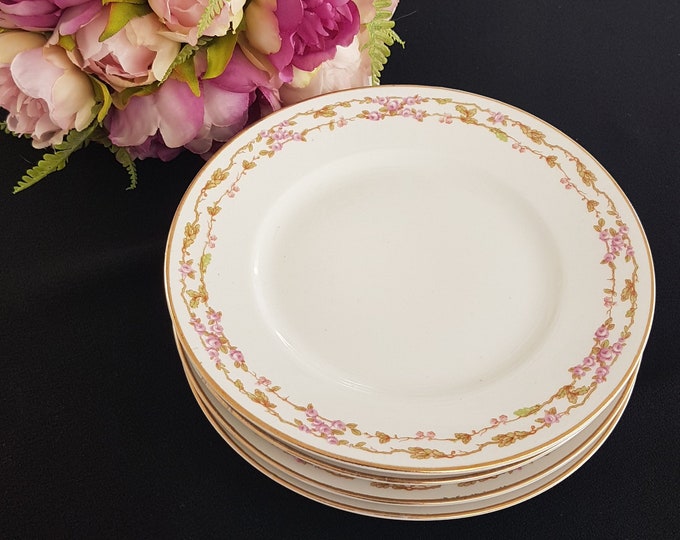 Bernardaud Limoges, Dessert Plates, 7.25 Inch, Set of 4, Pink Rose Vines on Rim, Pattern BER485, Made in France, 1900-1923