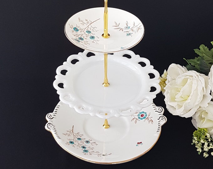 3 Tier Cake Stand, Hand Painted Antique Plate, White Milk Glass Plate, Afternoon Tea Party Serving Tray