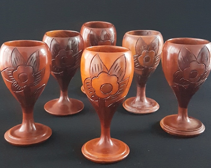 Vintage Wooden Chalice with Hand Carved Pineapple and Flower, 8oz, Set of 6