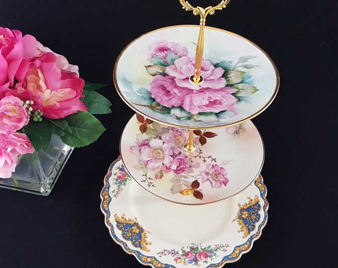 3 Tier Cake Stand, Mismatched Floral Hand Painted Plates, Afternoon Tea Party Serving Tray