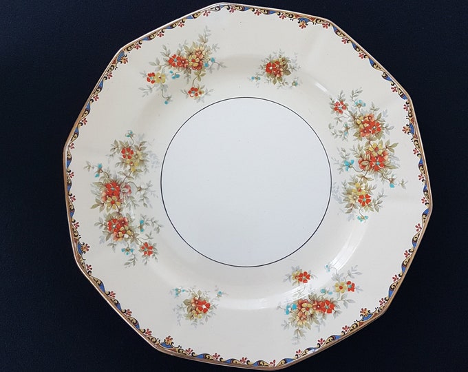 Royal Winton Grimwades LADY PATRICIA Dinner Plates, 10 Sided Polygon Shape, Orange Yellow Blue Flowers, Made in England, 1930s