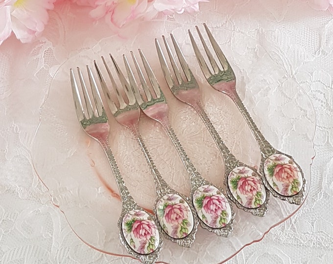 Set of 5 Little Forks with Porcelain Pink Rose Inlay on Handle