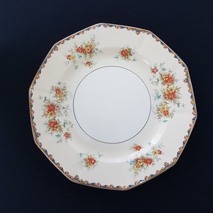 Pratos de Jantar Royal Winton Grimwades LADY PATRICIA, formato poligonal de 10 lados, flores laranja, amarelas e azuis, fabricados na Inglaterra, década de 1930