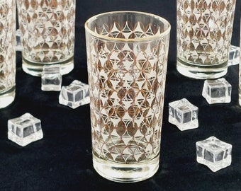 Vintage Dominion Glass 10oz Tumblers With Gold and White Circles, Set of 5