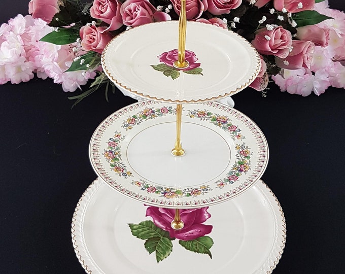 3 Tier Cake Stand, Big Pink Rose Tiered Plates, Bridgerton Dessert Stand, Serving Tray