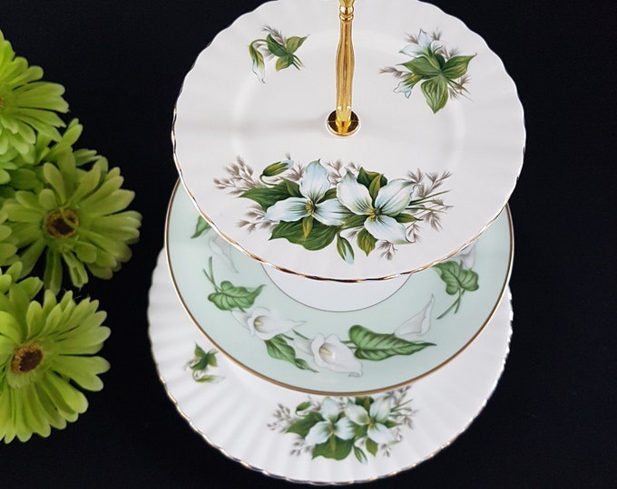 3 Tier Cake Stand, Royal Albert and Noritake Mismatched Plates in White and Green Bone China, Tea Party Serving Tray