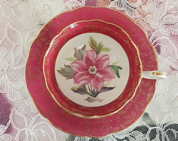 Vintage Japanese Tea Cup and Saucer, Hand Painted Pink Flower in Cup with Gold Leaf Overlay on Pink Rim, Made in Japan