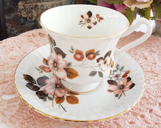 Paragon Tea Cup and Saucer, Peach Flowers, Brown Leaves, Vintage English Bone China, Made in England