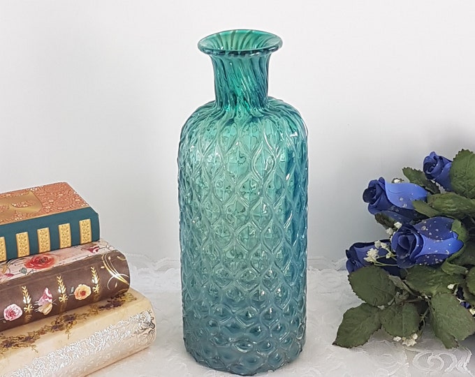 Vintage Green Blue Blown Glass Vase with Raised Design, 11.75 inch Tall