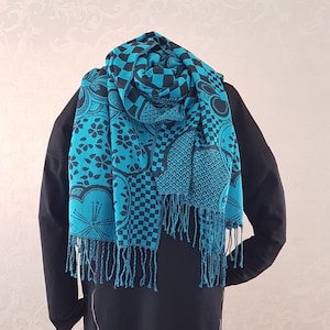 Pashmina Shawl, Vintage Pashmina Scarf, Blue Pashmina Wrap, Gifts for Her