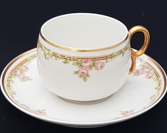 Limoges Cup and Saucer Set: Elite Works Bawo & Dotter, Rose Pattern, 1920s