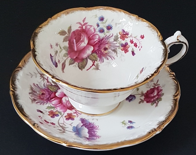 Tea Cup and Saucer, Vintage Paragon ROSEALEE, Pink Cabbage Roses, Wide Mouth Cup, Bone China, England