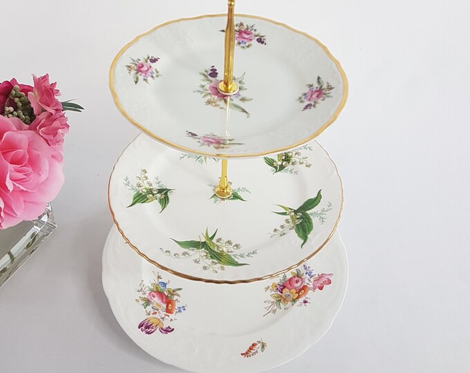 3 Tier Cake Stand, Mismatched Plates, Vintage Floral Bone China Plates, Tea Party, Serving Tray