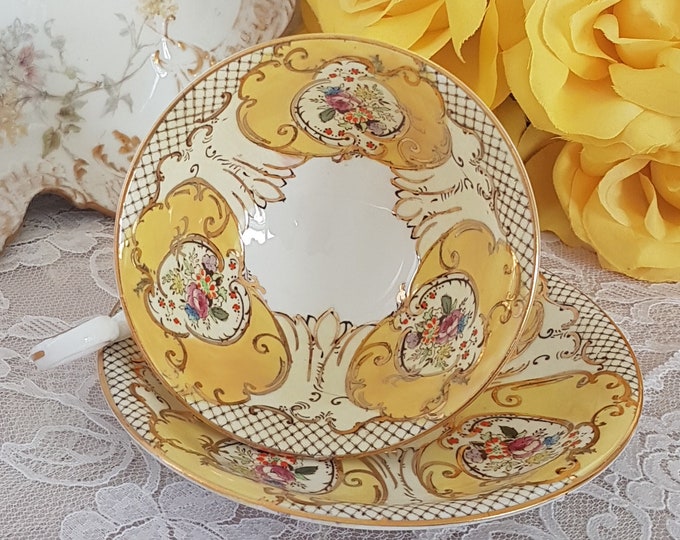 Antique English Bone China Tea Cup and Saucer, Hand Painted, REGENT, Yellow with Floral Insets, Made in Fenton England