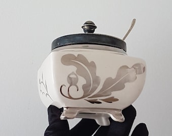 Vintage Jam Pot with Silver Plate Lid Silver Spoon, Sandland Ware, Silver Leaf Luster, Vintage Crockery, Afternoon Tea Party, England